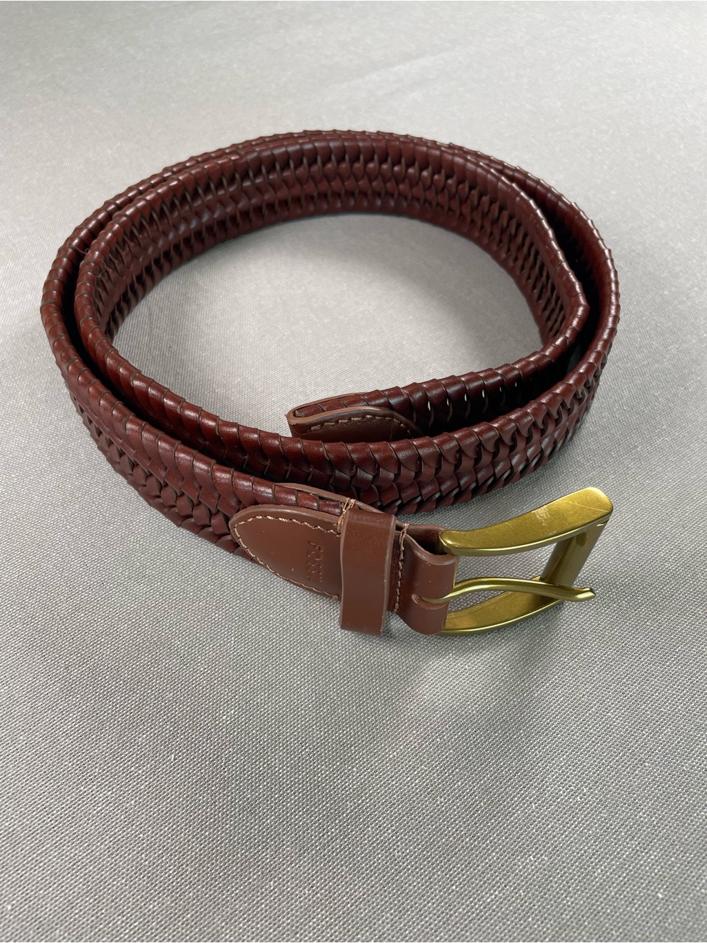 Fossil Rhett Woven Braided Brown Leather Belt With Brass-Tone Buckle 42